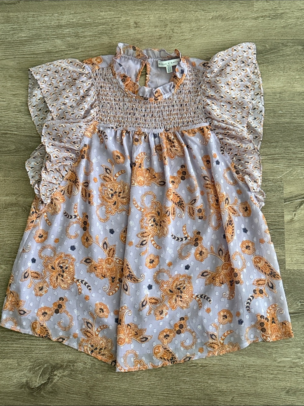 Smocked Flutter Sleeve Floral Blouse in Lavender & Orange